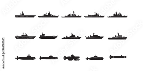 Set of Naval Warship and Submarine Silhouettes Isolated on White Background