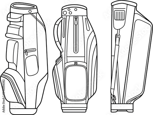 Technical Flat Sketch of Professional Golf Stand Bag with Pocket Details and Shoulder Strap for Sports Equipment Fashion Design Tech Pack Template VectorArt & Illustration