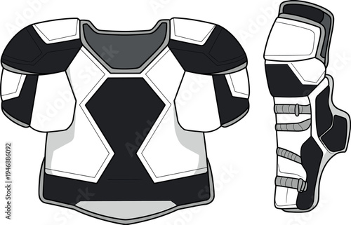 Technical Flat Sketch of Tactical Body Armor Vest and Protective Guard Padding for Sports Combat or Security Uniform Fashion Design Tech Pack TemplateArt & Illustration