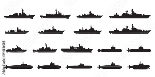Various Naval Fleet Silhouettes Including Warships and Submarines