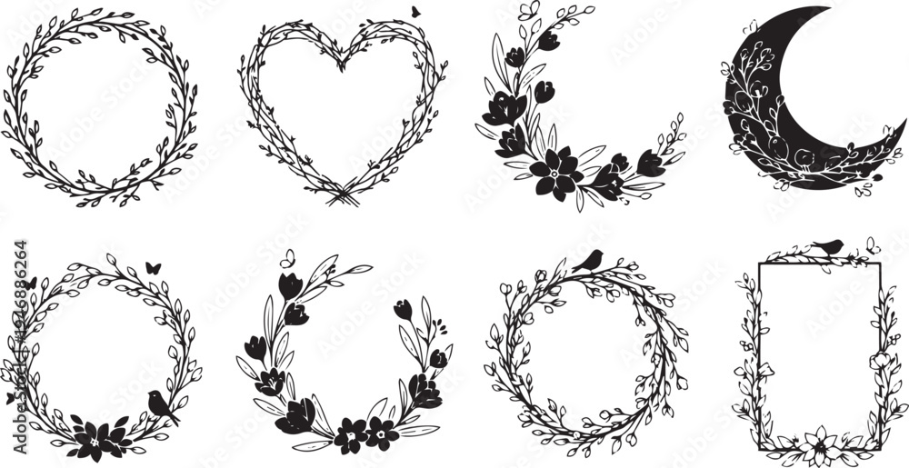 Fototapeta premium black and white illustrations are arranged in a grid. Each illustration features a circular wreath adorned with flowers and leaves, alongside a heart and a crescent moon.