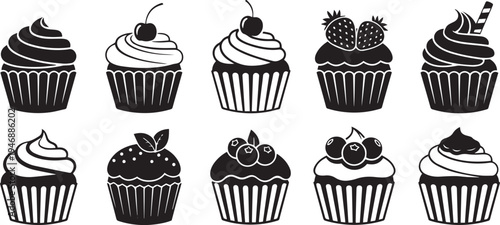A collection of black and white cupcake illustrations arranged in a grid. The cupcakes feature various toppings such as cherries, blueberries, strawberries, and whipped cream.