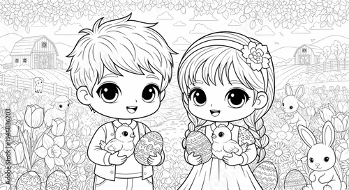 Coloring page, two happy children holding chickens and Easter eggs, spring farm with flowers, cute chibi kids with big eyes, black and white outline