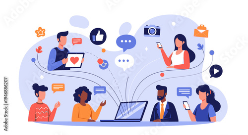 People interact with devices and share icons in a lively office setting.