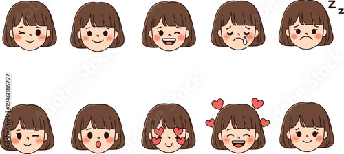 Fotografi Cartoon girl facial expressions set, emotional character design, happy sad surpr