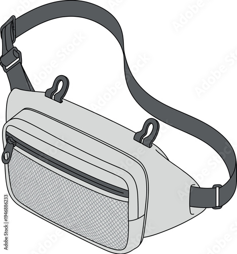 Technical Flat Sketch of Unisex Crossbody Waist Bag with Mesh Pocket and Adjustable Strap for Outdoor Sports Accessories Fashion Design Tech Pack TemplateArt & Illustration