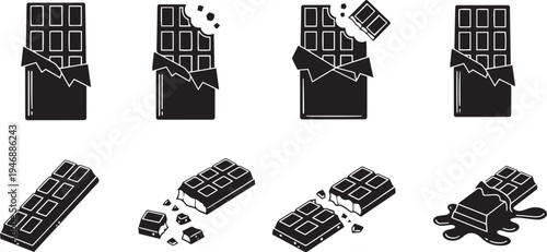 Several chocolate bars are shown in various stages of destruction. One bar is whole, another is partially broken, and several others are completely shattered, with pieces scattered around.
