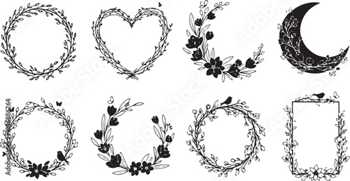 black and white illustrations are arranged in a grid. Each illustration features a circular wreath adorned with flowers and leaves, alongside a heart and a crescent moon.