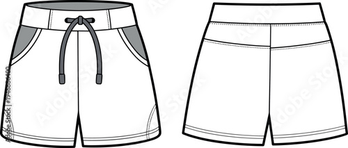 Technical Flat Sketch of Unisex Sporty Shorts Featuring Drawstring Waistband and Contrast Side Pockets for Fashion Design Templates and Manufacturing Tech Pack Mockup DevelopmentArt & Illustration