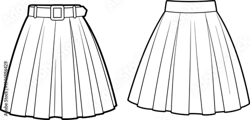 Technical Flat Sketch of Women Pleated Midi Skirt with Belt Mockup Front and Back View Vector Illustration Template for Fashion Design and Tech PackArt & Illustration