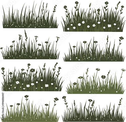 Set of grass. Collection of eight different green grass and wildflower borders silhouettes isolated on white background