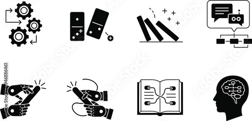 AI Automation and Logic Flow Vector Icon Set for Machine Learning, Robotics, and Process Optimization, Featuring Domino Effect, Neural Network, and Chatbot Symbols Isolated on White