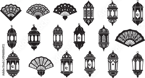 A black and white graphic illustration features a collection of decorative elements. The design includes stylized lanterns, fans, and hanging bird cages, arranged in a grid pattern.