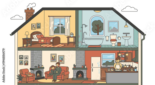 A cross-section illustration of a house with people inside various rooms