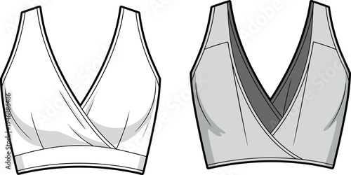 Technical Flat Sketch of Women Wrap V Neck Crop Top Mockup Front and Back View Vector Illustration Template for Fashion Design Tech PackArt & Illustration