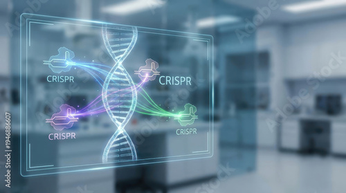 Crispr gene editing technology concept hologram over modern laboratory background blue glow innovation medical research future healthcare dna