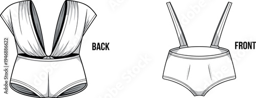 Technical Flat Sketch of Women's Bodysuit with Draped Plunging V-Back and High Waist Bottom for Fashion Design Tech Pack Template Vector IllustrationArt & Illustration