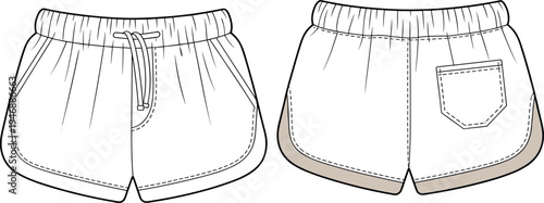 Technical Flat Sketch of Women's Athletic Running Shorts with Drawstring Waistband Side Pockets and Back Pocket for Fashion Design and Garment Manufacturing TemplatesArt & Illustration