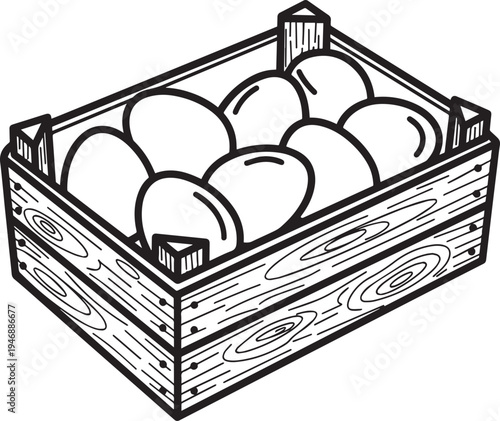 A wooden crate filled with apples. The crate is made of wood with a visible grain pattern.