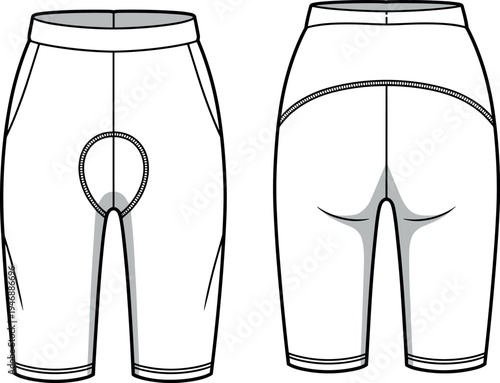 Technical Flat Sketch of Women's Cycling Shorts with Protective Padding and Ergonomic Seams for Fashion Design Apparel Manufacturing and CAD Mockup TemplatesArt & Illustration