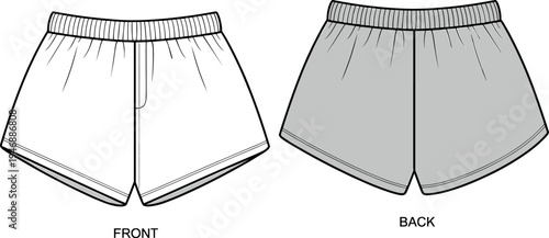 Technical Flat Sketch of Women's Elastic Waist Boxer Shorts with Front and Back Views for Fashion Design Apparel Manufacturing and CAD Mockup TemplatesArt & Illustration