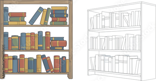 Colorful bookshelf with books next to line of bookshelf line library reading