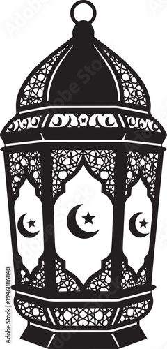 A black silhouette of an ornate lantern is depicted against a white background. The lantern features a star-shaped finial, a crescent moon, and three stars arranged in a row.