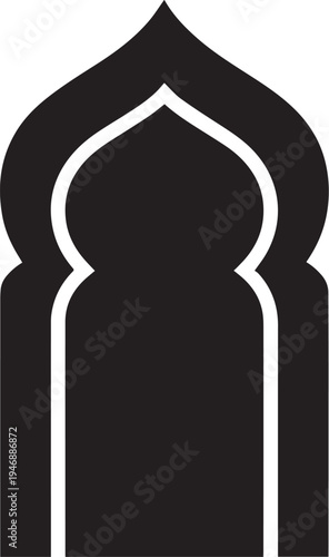 A black silhouette of an arched Islamic window is displayed against a white background. The window features a pointed arch and a simple, elegant design.