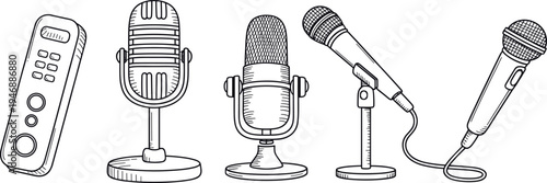 Microphone and audio recording equipment line icon set isolated on white background, podcast microphone, studio mic collection, broadcasting, music recording, communication technology concept
