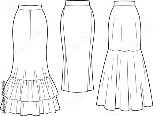 Technical Flat Sketch of Women's Long Maxi Skirts Featuring Tiered Ruffles and Mermaid Silhouette for Fashion Design Templates and Manufacturing Tech Pack MockupsArt & Illustration
