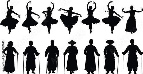 Set of Black Vector Silhouettes Featuring Traditional Dancers in Graceful Poses and Figures in Ethnic Costumes Holding Walking Sticks for Cultural Design (22 words)