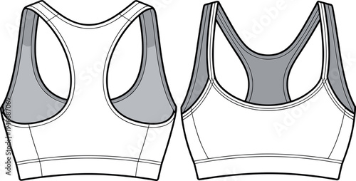Technical Flat Sketch of Women's Racerback Sports Bra Mockup Front and Back View Vector Illustration Template for Activewear Design and Fashion Tech PackArt & Illustration