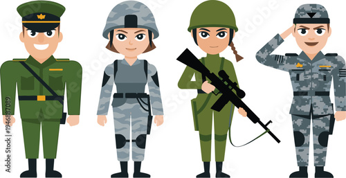 Collection of four diverse cartoon soldiers in uniform with different equipment and poses isolated on transparent background