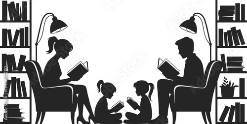 Family reading together in a cozy library setting with bookshelves and lamps