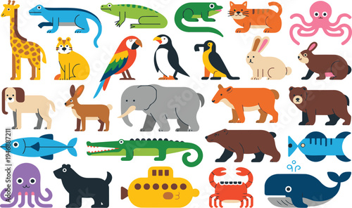 A charming collection of flat design animal illustrations including a giraffe cat octopus dog elephant bear and more presented on a white background