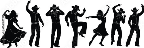 Set, of, black, silhouette, country, and, western, dancers, icons, isolated, on, white, background, for, party, festival, and, entertainment, design