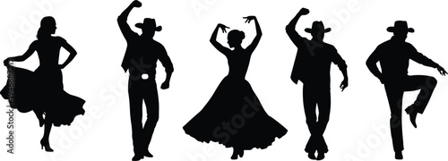 Set, of, black, silhouette, country, and, flamenco, dancers, icons, isolated, on, white, background, for, dance, performance, and, festival, design