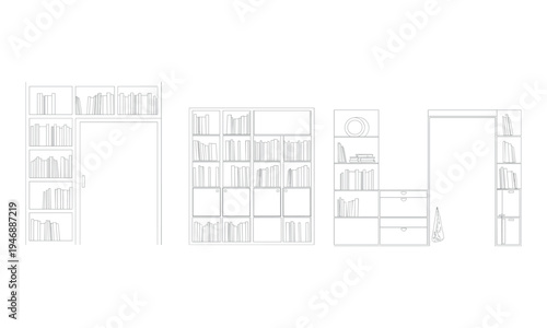 Four minimalist library bookcases with varying configurations bookshelves books