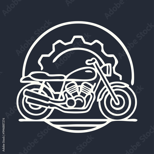 Logo taller mecánico de motos. Icono con dibujo de motocicleta vista de perfil con engranaje en círculo con líneas 