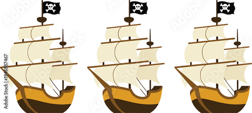 Three cartoonstyle sailing pirate ships with jolly roger flags flying in full sail on a white background isolated