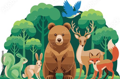 A charming cartoon illustration features various forest animals including a bear deer fox squirrel rabbit and a bluebird in a lush green woodland setting