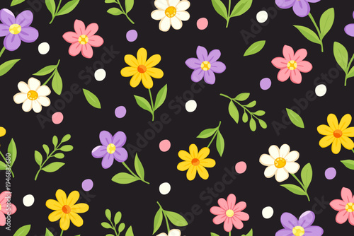 Cute seamless floral pattern with colorful flowers and green leaves scattered on a dark background, perfect for playful textiles and cheerful surface designs.