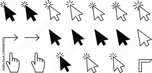 Collection of cursor and pointer icons, clicking arrows, hand pointers, graphical user interface design elements, black and white vector illustration