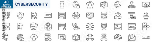 Cybersecurity line icons set. Data protection, encryption, firewall, secure cloud, password protection, hacker attack, malware, network security and digital privacy symbols. Editable stroke. Vector il
