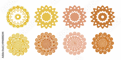 Eight decorative floral mandalas in shades of yellow orange and pink