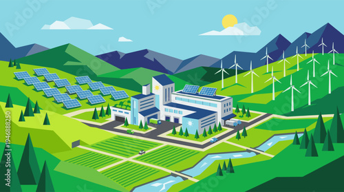Vector illustration of a modern sustainable factory in a green mountain valley, powered by solar panels and wind turbines for clean, renewable energy production.