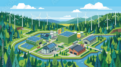 Vector illustration of a green industrial park with factories powered by renewable energy from solar panels and wind turbines set in a lush valley.