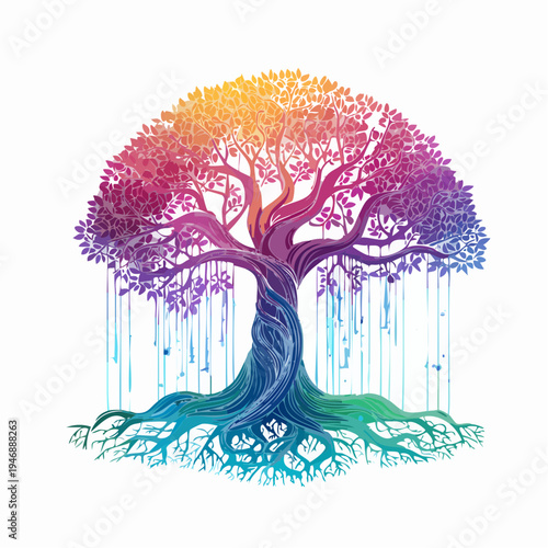Vibrant, Colorful Tree of Life with Dripping Roots and Branches