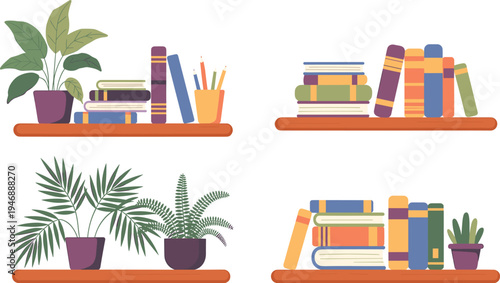Four orange shelves with books and plants on white background