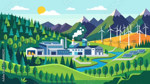 A flat design illustration shows an eco-friendly factory powered by solar panels and wind turbines, set in a vibrant green mountain valley, symbolizing sustainable industry and green technology.